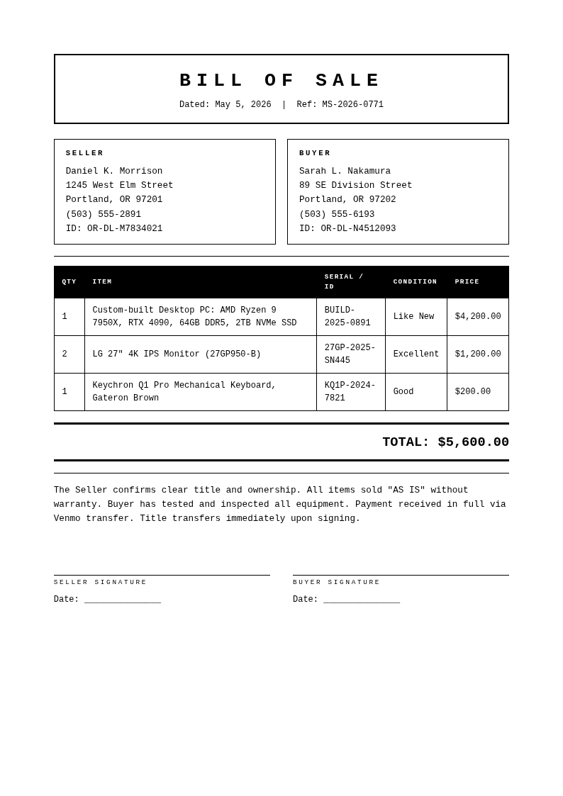 Monochrome Stark Bill Of Sale